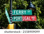 Small photo of Portugal Avenue and Ferry ST sign, placed to celebrate Portugal Day at Ironbound, Newark, NJ USA