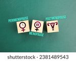 Small photo of words perimenopause, menopause and postmenopause. the concept of menopause stage or period or age