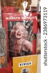 Small photo of Turin, Italy. Marilyn Monroe on the cover of a book publication, in the window of a book store. Vertical image. 2023-10-21.