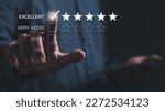 Small photo of Close up of man customer giving a five star rating on smartphone. Using technology for Review, Service rating, satisfaction, Customer service experience and satisfaction survey concept.
