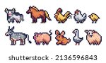 Farm Animals Pixel Art Icon Set....