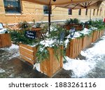 outdoor terraces near restaurants and cafes, in winter, with snow. terraces of St. Petersburg, Russia