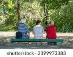 Small photo of Bucharest, Romania - August 15 2023:Rear view with three senior people sitting on a bench and socializing in King Mihai I park in Bucharest, Romania.