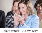 Small photo of Guatemala City, Guatemala, 08-08-19. Nancy Pelosi claps at the Air Force base during her visit to Guatemala in regard to migration policy between Guatemala and the USA.