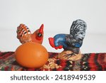 Small photo of chickens and eggs, laying hen, poultry, chickens peck grain, wheat and chickens, birds in agriculture, rooster pecks grain, hen laid an egg