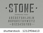 Engraved on stone font, alphabet letters and numbers vector illustration