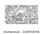 Building view with landmark of Louvain la Neuve is a planned village in the municipality of Ottignies. Hand drawn sketch illustration in vector.