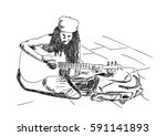 sketch of street singer with... | Shutterstock .eps vector #591141893