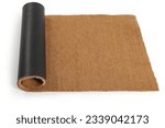 Small photo of Natural brown coconut fiber doormat. Plain natural dry carpet and dirt outside your entrance, Detail, closeup of fiber and base on white background