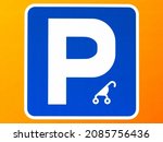 Stroller Reserved Parking Sign. Blue sign on a yellow background with an image of a baby stroller. Push chair modern sign. Parents with prams parking zone. Space for women with children, toddlers only