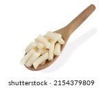 Small photo of Korean food, Rice cake stick in wooden spoon on a white background with clipping path. (steamed rice cakes) Korean rice cakes, specifically the kind used in tteokbokki.