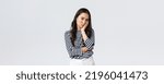 Small photo of Lifestyle, beauty and fashion, people emotions concept. Annoyed and embarrassed young asian woman stare with dismay and judgement at camera, facepalm, standing white background