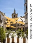 Small photo of Villanova de la Serena, Spain - 26 June 2022: Square with shade cloths in Villanova de la Serena (Spain)