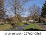 Small photo of a small torrent with waves flows through a meadow with trees in early springa small torrent with waves flows through a meadow with trees in early spring