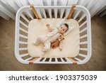 Small photo of Top view of adorable infant in stylish pajama lying on pillow crown in comfortable cot at home. Baby with teddy bear in cradle in baby's room