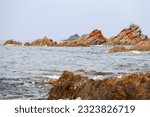 Small photo of Several rocks with orange colored moss patterns and the ocean with a leaden gray sky