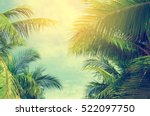 Palm trees against blue sky, Palm trees at tropical coast, vintage toned and stylized, coconut tree,summer tree ,retro