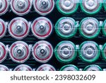 Small photo of Battery,Closeup of pile of used alkaline batteries. Close up colorful rows of selection of AA batteries energy abstract background of colorful batteries. Alkaline battery aa size. Several batteries in