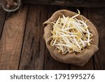 bean sprout in sack on wood food background