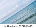 Small photo of Atmosphere panorama. Clear sky calm sea horizon line cloud. Concept lifestyle move flow up down progress regress, choice direction development life. Straight lines diagonal, blue turquoise white