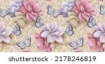 Big blue butterflies, hydrangea flowers bouquets in delicate pastel rose pink, beige, purple colors. Watercolor 3d illustration. Tropical hd wallpaper, luxury mural, premium texture. High quality art
