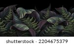 Dark tropical forest, green fern leaves. Watercolor 3d illustration, digital art, seamless border, pattern, premium texture, background. Hand-painted poster, wallpaper, luxury mural art, cloth, paper