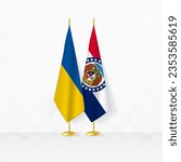 Ukraine and Missouri flags on flag stand, illustration for diplomacy and other meeting between Ukraine and Missouri. Vector illustration.
