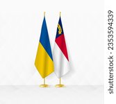 Ukraine and North Carolina flags on flag stand, illustration for diplomacy and other meeting between Ukraine and North Carolina. Vector illustration.