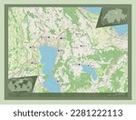 Zug, canton of Switzerland. Open Street Map. Locations and names of major cities of the region. Corner auxiliary location maps