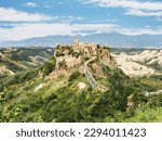 Scenic site of Civita di Bagnoregio, small village aproachable only by footbridge climbing to the isolated stone houses on the top of the hill
