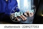 Small photo of Agile developer or engineer is working on laptop with dev ops cycle virtual screen. IT operations, high software quality and software development. Agile programming development concept.