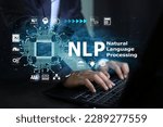 Programer or developer with laptops and NLP or natural language processing interfaces to communicate with artificial inteligence. Concept for software design to communication in business assistance.