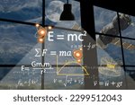 Small photo of The equations of gravity and other equations of Albert Einstein and Sir Isaac Newton's physics and mathematics are lit up by window lamps and spaceships outside