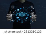 Small photo of Man and artificial intelligence is generated value output by command prompt input or natural language processing function. Futuristic technology and AI role effected.