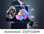 Small photo of Businessman entrepreneur writing to analysis the cost structure on pie chart include factor such as production, staffing, maintenance transportation and advertising. Analytic dashboard tools.