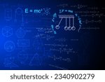 Small photo of Dark blue background image, mathematical equations containing Albert Einstein's theory and Isaac Newton's laws of motion. Kinetic energy transfer, momentum and other geometrical equations.