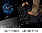 Businessman feet on space background while go to space and invest on the moon to build a colony to recover rare earth minerals and look for business opportunities on a new planet.