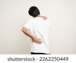 Small photo of Young Asian man has problem with structural posture He had neck and shoulder pain. Massaged his neck and shoulders for relief. reduce muscle tension. Standing on isolated white background