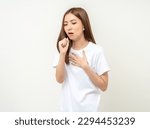 Small photo of Women have throat irritation, mucus and coughing. Fever headache respiratory tract infection. Female unhealthy Sickness need to consult a doctor and get treatment. On isolated white background.