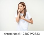 Small photo of Women have throat irritation, mucus and coughing. Fever headache respiratory tract infection. Female unhealthy Sickness need to consult a doctor and get treatment. On isolated white background.