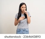 Small photo of Asian Women have throat irritation mucus and coughing. Fever headache respiratory tract infection. Female unhealthy Sickness need to consult a doctor and get treatment. On isolated white background.
