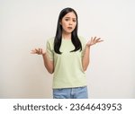Small photo of Angry asian woman emotional. Asian woman annoyed mad bad furious gesture. Unhappy expressions people upset confused emotional. Stressed female. Young lady standing feeling depressed dramatic scene