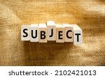 Small photo of Subject symbol. The concept word Subject on wooden blocks. Beautiful canvas background, copy space. Business and subject concept.