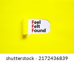 Small photo of FFF feel felt found technique symbol. Concept words FFF feel felt found on white paper on a beautiful yellow background. Psychological FFF feel felt found technique concept. Copy space.