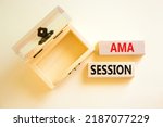 Small photo of AMA ask me anything session symbol. Concept words AMA ask me anything session on wooden blocks on a beautiful white background. Business and AMA ask me anything session concept. Copy space.