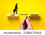 Small photo of AMA ask me anything session symbol. Concept words AMA ask me anything session on wooden blocks on a beautiful yellow background. Business and AMA ask me anything session concept. Copy space.