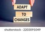 Small photo of Adapt to changes symbol. Concept words Adapt to changes on wooden blocks. Businessman hand. Beautiful grey table grey background. Business and Adapt to changes quote concept. Copy space.