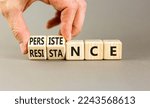 Small photo of Persistence or resistance symbol. Businessman turns cubes, changes the word 'resistance' to 'persistence'. Beautiful grey background. Copy space. Business and persistence or resistance concept.