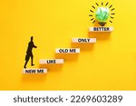 Small photo of Better new me symbol. Wooden blocks with words 'new me like old me only better'. Beautiful yellow background, copy space. Businessman icon, light bulb. Business and better new me concept.