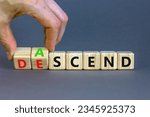 Small photo of Ascend or descend symbol. Concept words Ascend and Descend on wooden cubes. Beautiful grey table grey background. Businessman hand. Business ascend or descend concept. Copy space.